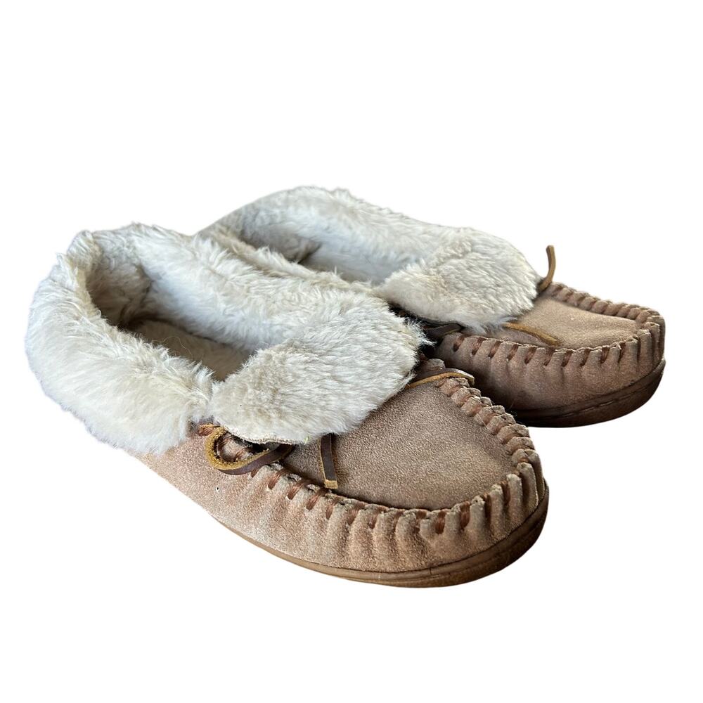 Minnetonka Womens Size 7 Brown Suede Tabby Folded Trapper Moccasin Slippers
